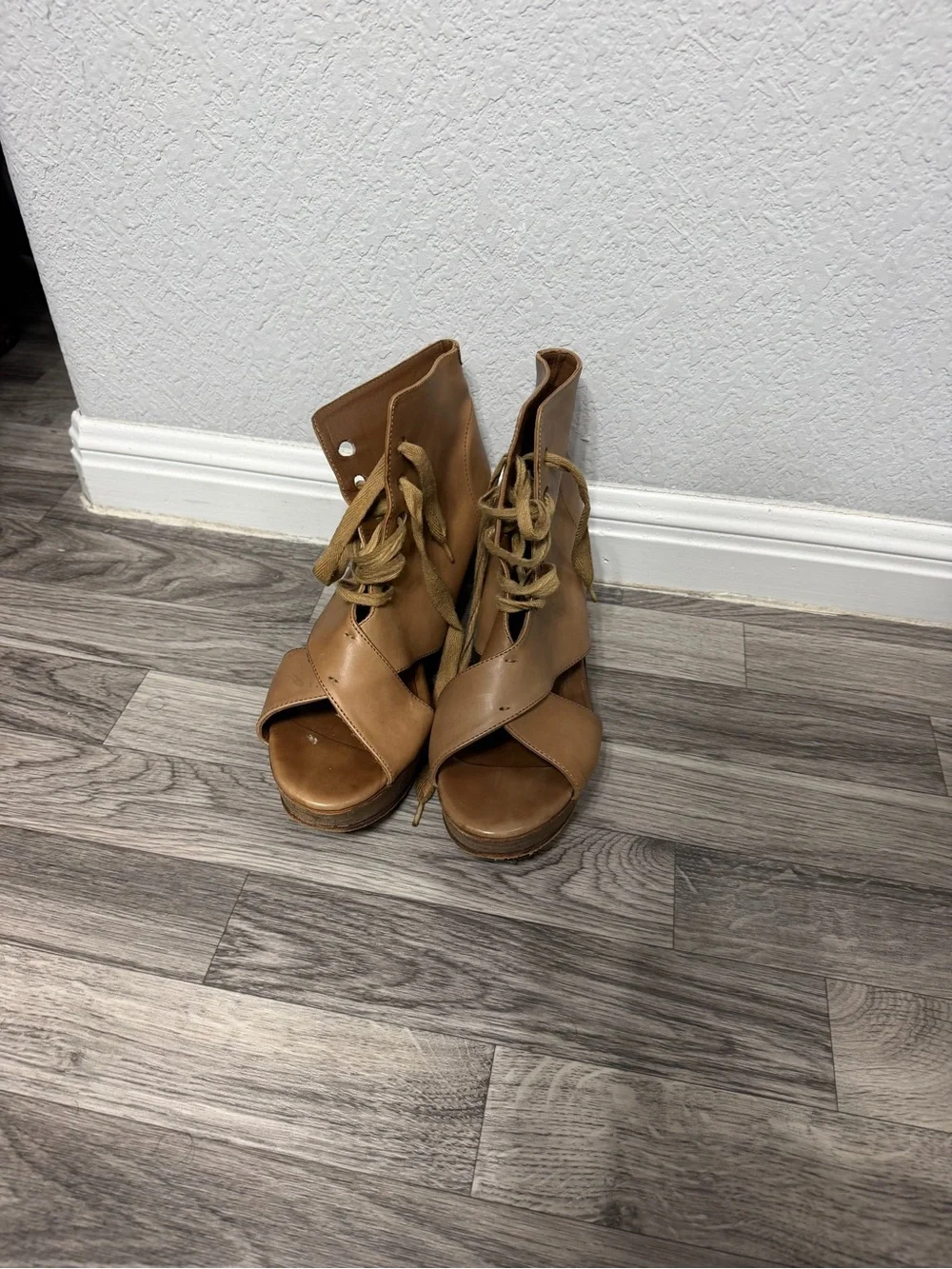 H By Hudson Tan Lace-Up Peep-Toe Wedge Sandals